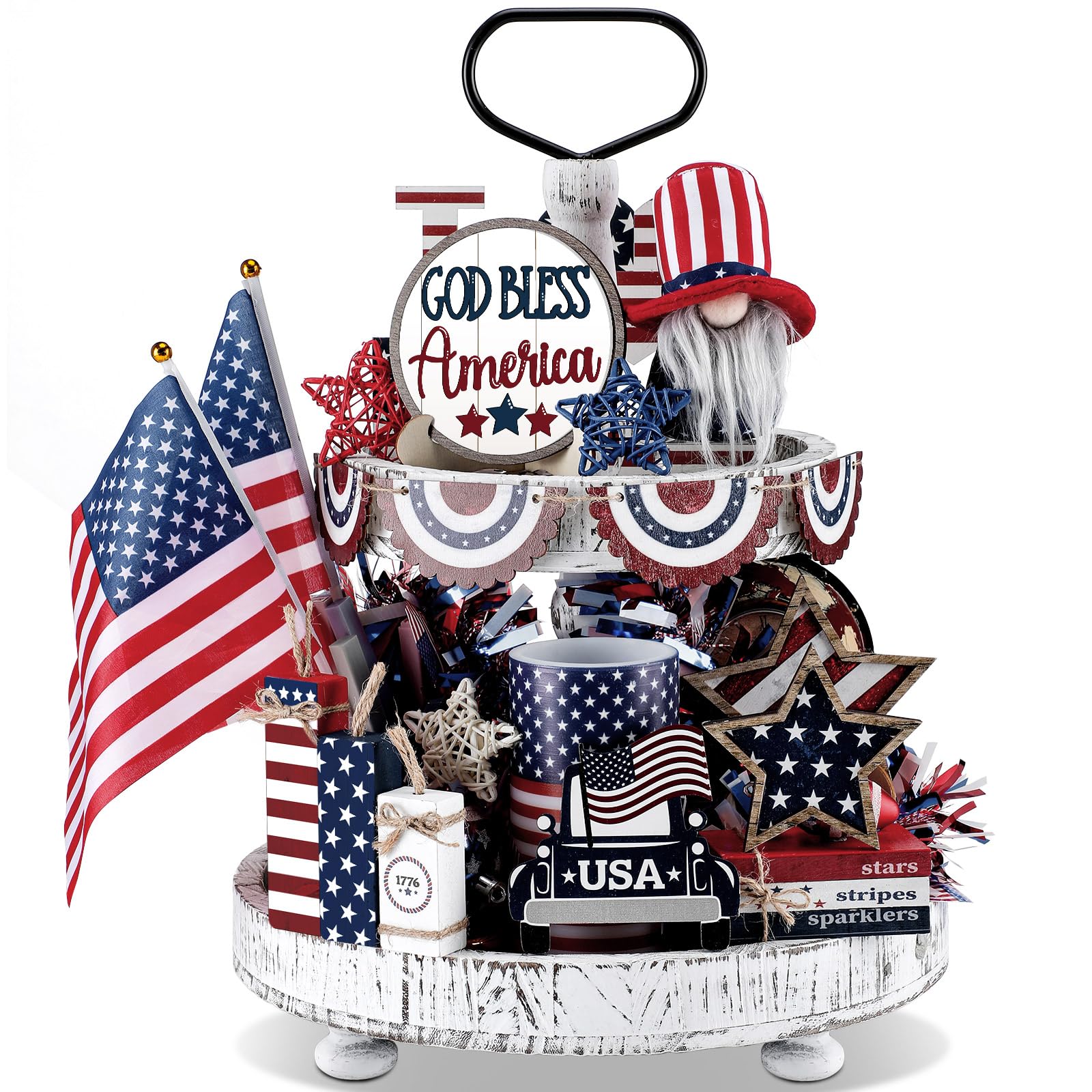 16 Pcs 4th of July Tiered Tray Decoration Rustic Patriotic Red White Blue Table Signs Wooden American Flag Tiered Tray Decor Vintage Memorial Day