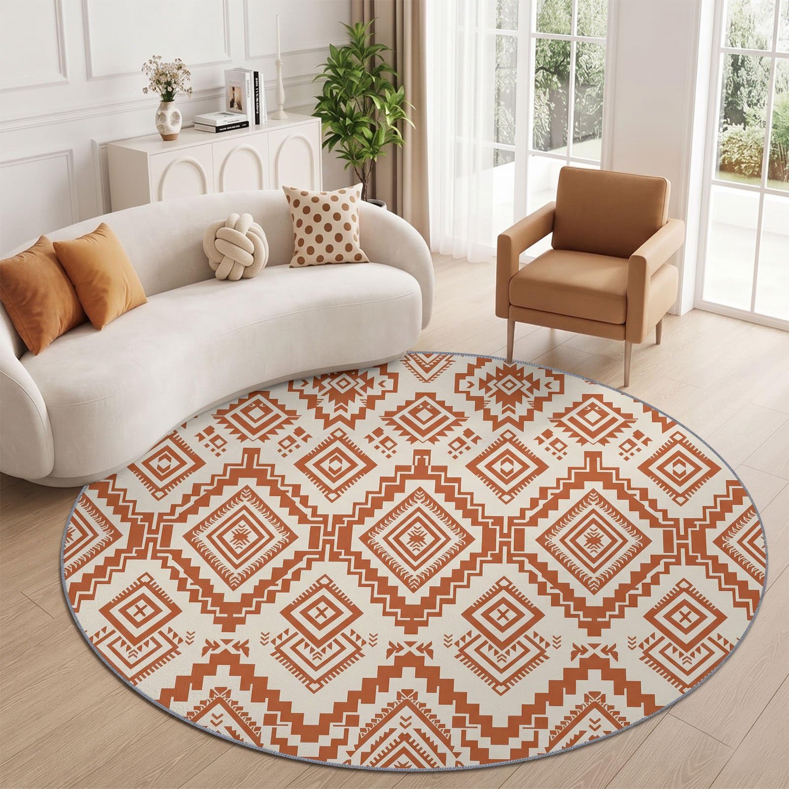 Tapis Rond Salon Boheme Rustique Geometrique Losange Zigzag Ethnique Tapis de Sol Décoration Antidérapant pour Salon Chambre Cuisine Balcon Terrasse Salle à Manger Intérieur (120 cm, Beige)