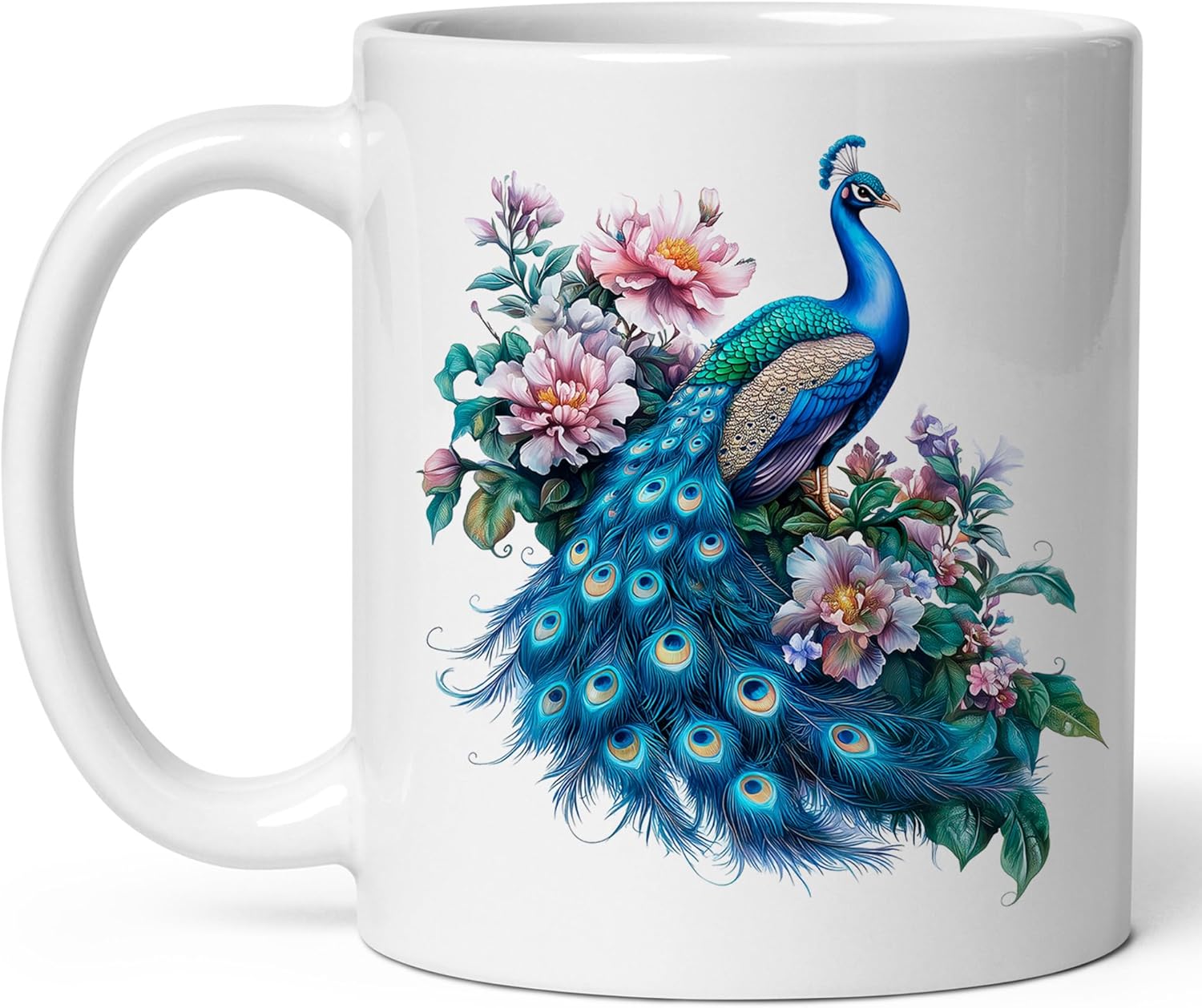 Peacock Ceramic Coffee Mug 11oz Peafowl Feathers Fan - Tea Coffee Mug with Comfortable Grip - Unique Animal Gift Cup for Office or Home - Vibrant Long-Lasting Print ID44991