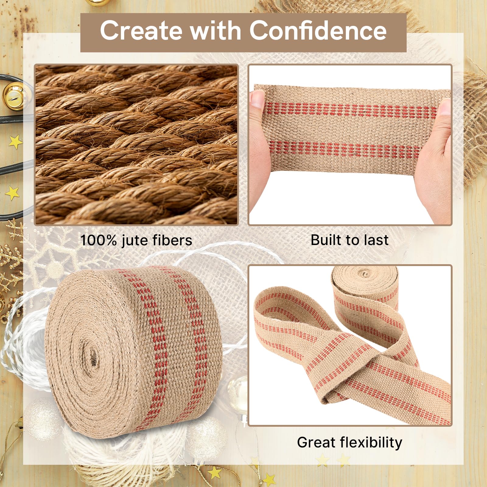 Cinta de yute para manualidades de 3.5 pulgadas, paquete de 2 rollos de arpillera natural de 10 yardas con costuras rojas para tapicería, manualidades, sillas