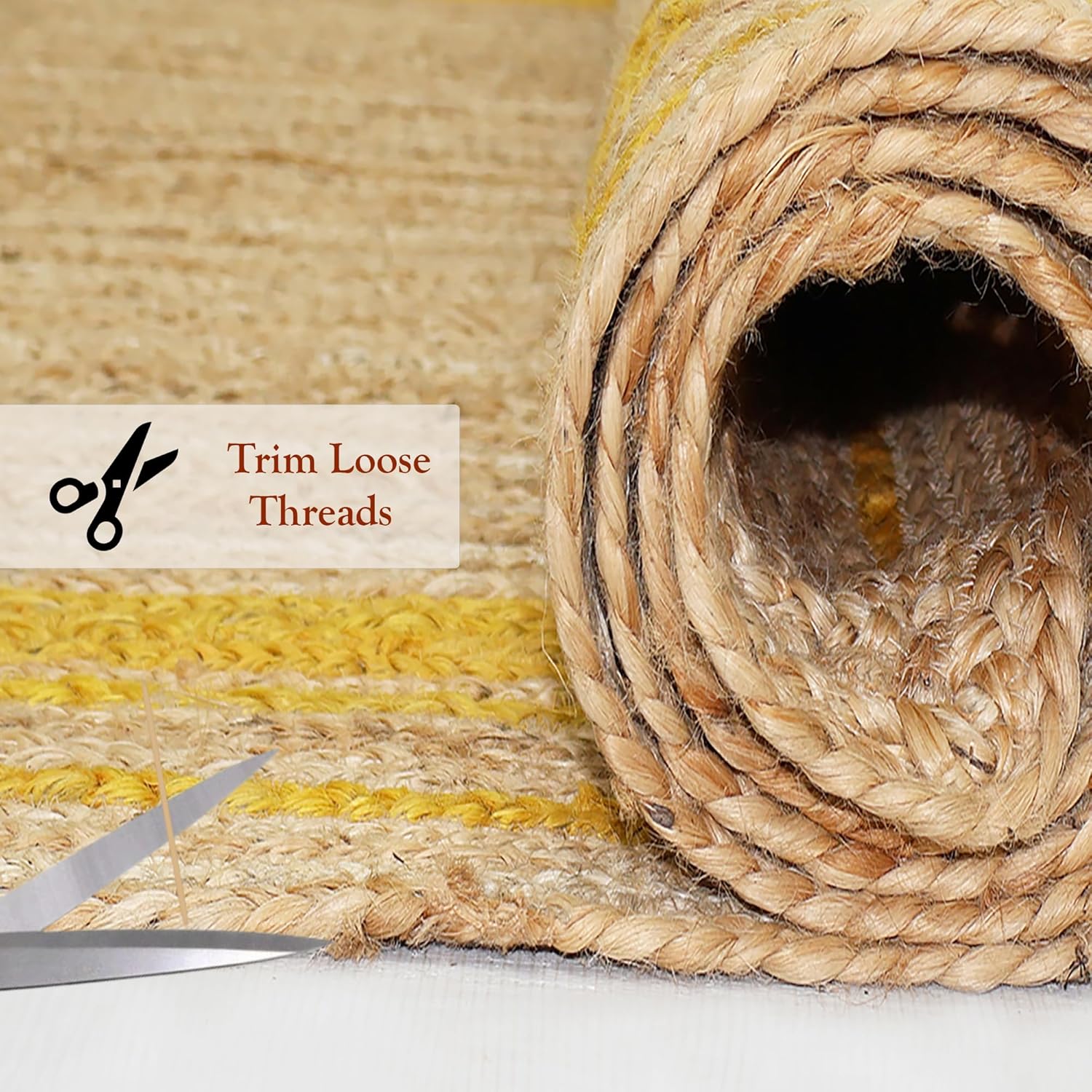 Area Jute Rug for Living Room 12x15 Hand Braided Boho Rug Thick 0.27" Geometric Yellow Rikki-Border Rugs for Farmhouse Design, Bedroom, Dining Area, Home Decor Carpet