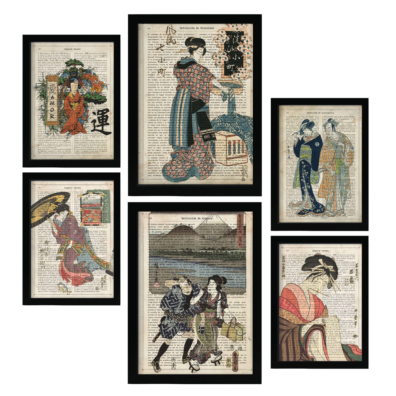 Nacnic Japan Posters. Vintage Paper Style Prints with Encyclopedy Backgrounds. Ukiyo-E Japanese Geishas. Aesthetic Illustrations for Interior Design and Decoration. A4 & A3.