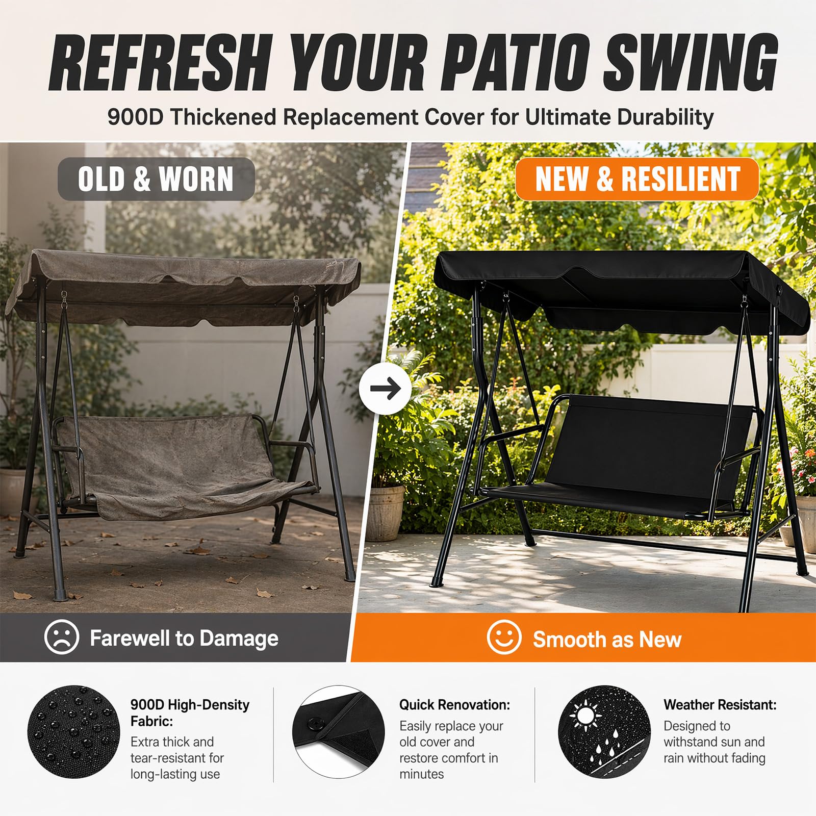 Fodera di ricambio per seduta di dondolo Hollywood, coprisedile per altalena da giardino, tessuto Oxford 900D impermeabile e antistrappo, fodera per dondolo da 2 e 3 posti 115 x 48 x 48 cm