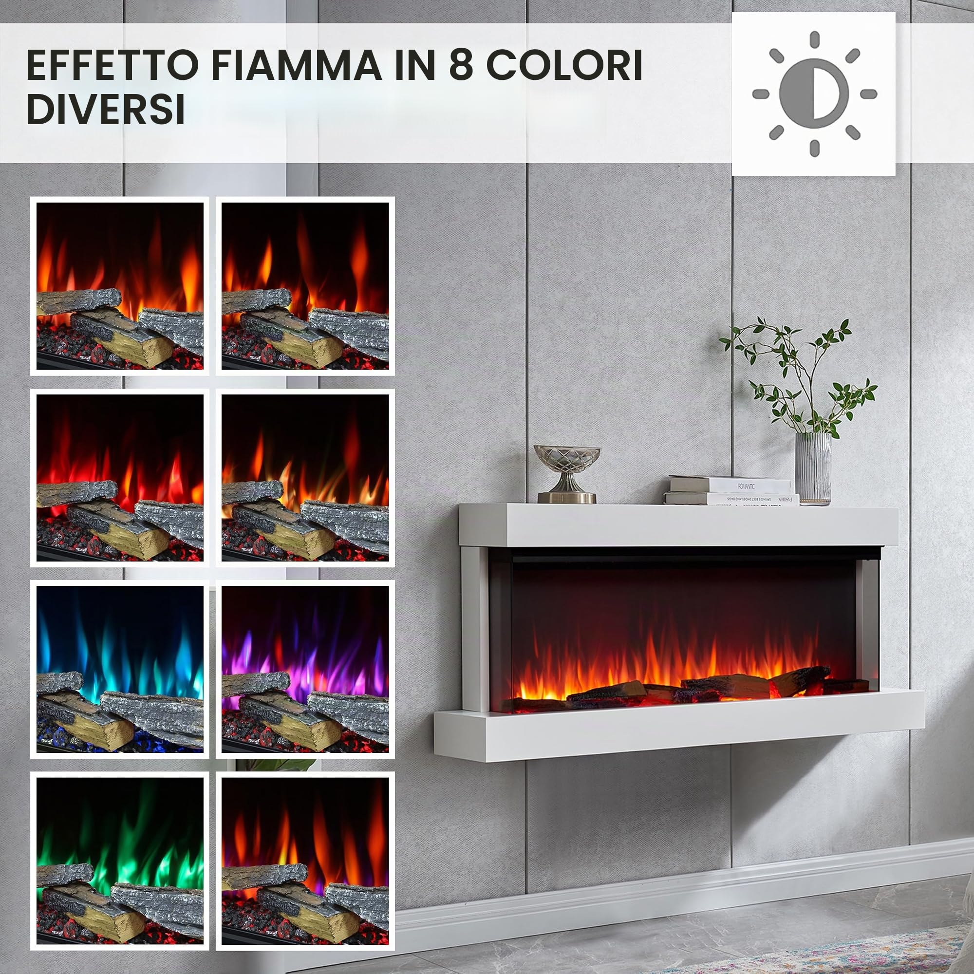 BALDERIA Camino elettrico Achilles L | Camino elettrico da parete con effetto fiamma 3D | Riscaldamento 1500 W, illuminazione a LED, WiFi, controllo app, suono scoppiettante, telecomando, timer e