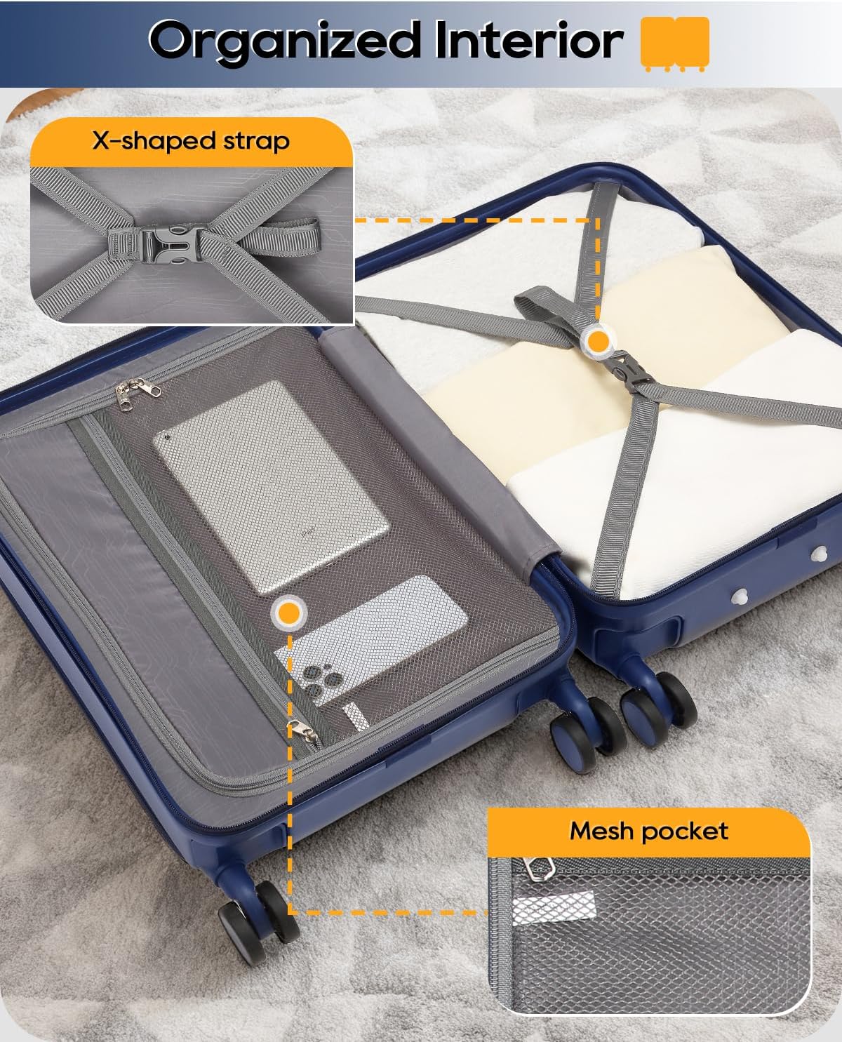 joyway carry on luggage blue folded for airplane cabin storage showing front pocket