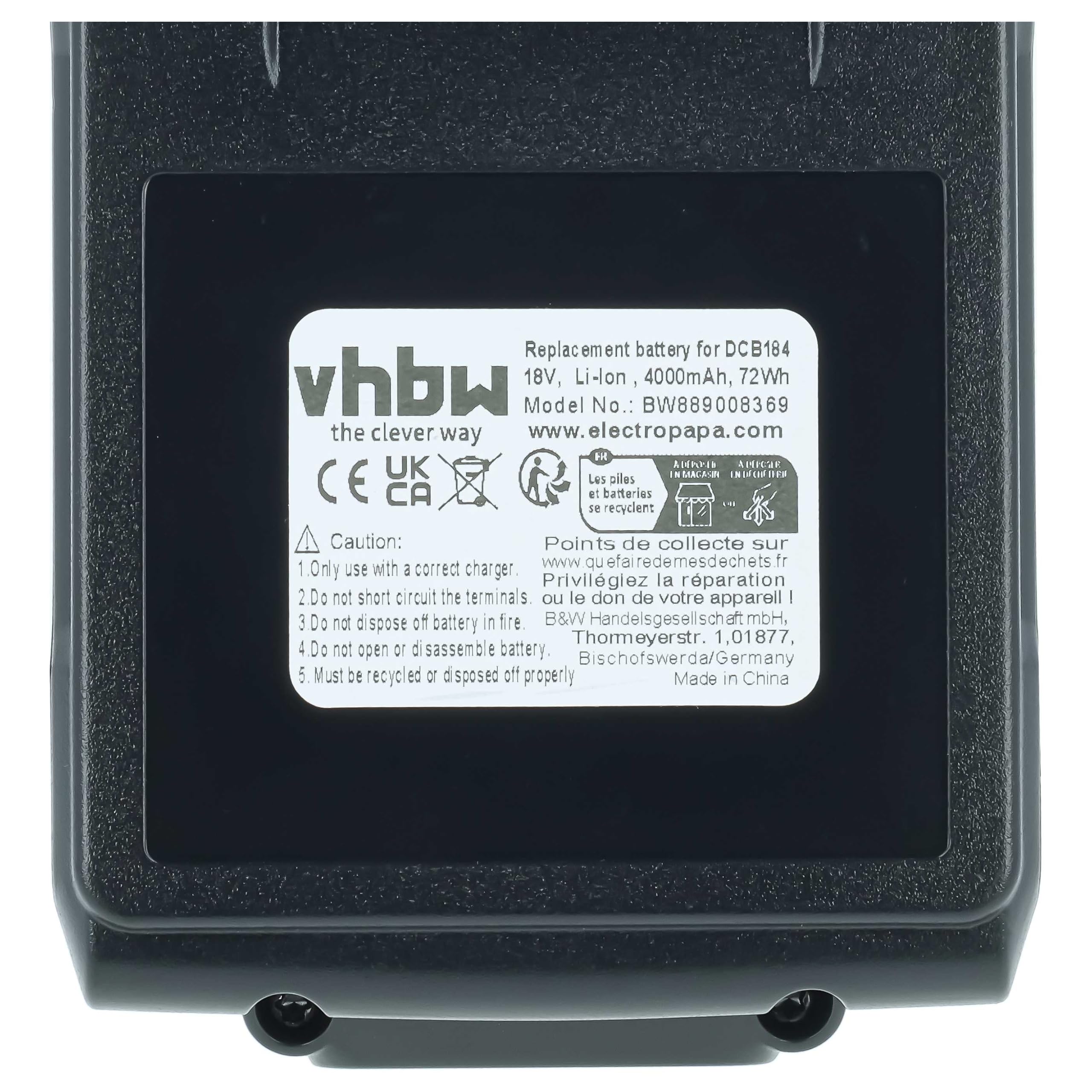 vhbw Bateria kompatybilna z Dewalt DCS355N-XJ, DCS355N, DCS350N-XJ, DCS355, DCS361 narzędzie (4000 mAh, Li-Ion, 18 V), 1x USB-C
