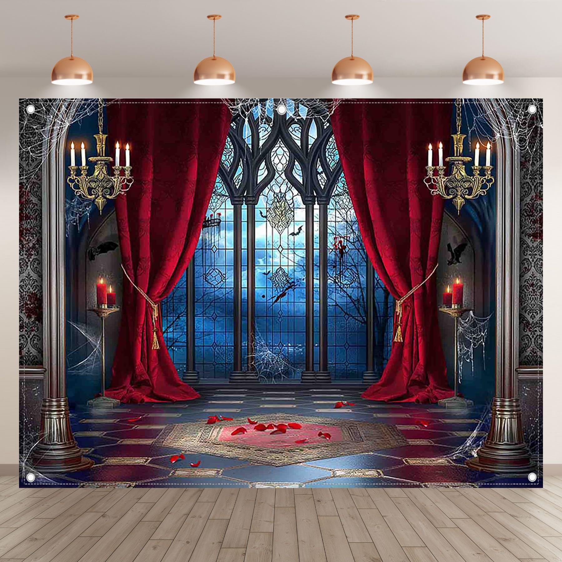 YCUCUEI 7x5ft Fabric Halloween Vampire Medieval Castle Backdrop Gothic Window Red Curtain Bats Photography Background Haunted House Party Decor Photo Props: 8'x6' blue