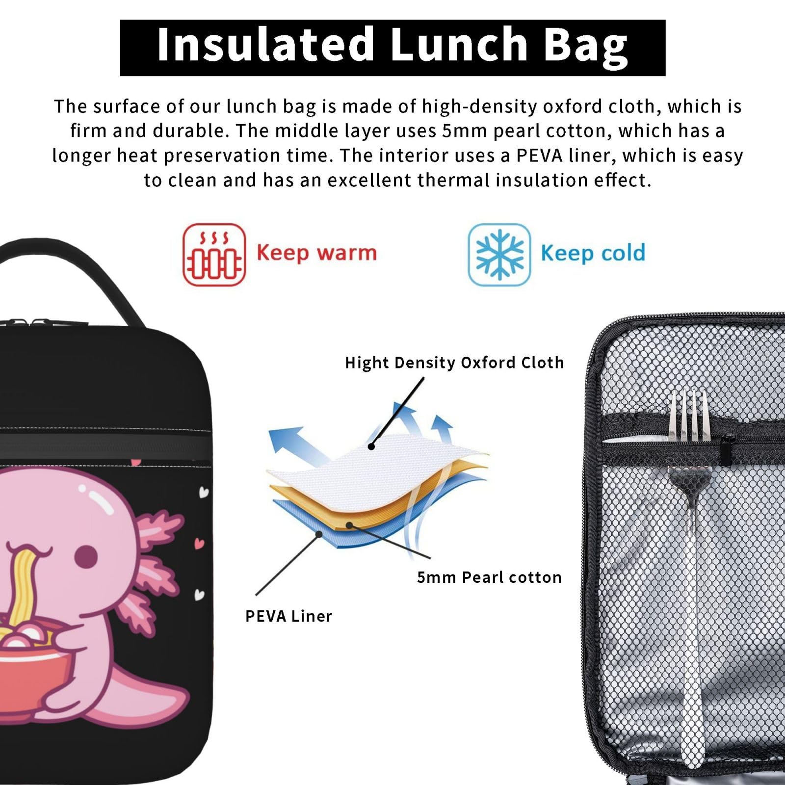 Cromcu Insulated Lunch Box For Kids – Axolotl Eat Ramen Theme, Thermal Bag For School & Outdoors