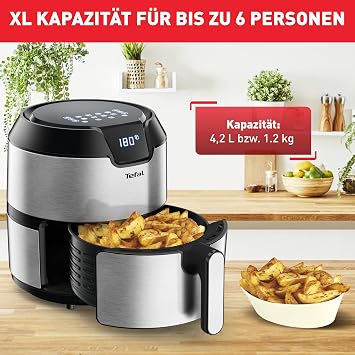 Tefal EY401D Easy Fry Deluxe Hot Air Fryer (1500 W 4 Litres Capacity for up to 6 Portions) Stainless Steel Black
