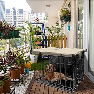 Dog Crate Cover 36 Inch, Pet Kennel Cover for Wire Large Dog Cage with1 2 3 Doors, Waterproof 600D Oxford Fabric Indoor/Outdoor Khaki (Only Cover)
