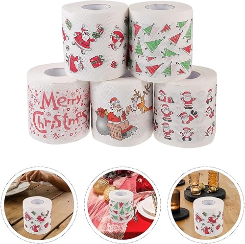 Miniatura 6 de EXCEART Papel higiénico con patrón navideño, 5 rollos de celulosa de madera, servilletas navideñas, rollos de papel higiénico para baño, diseño