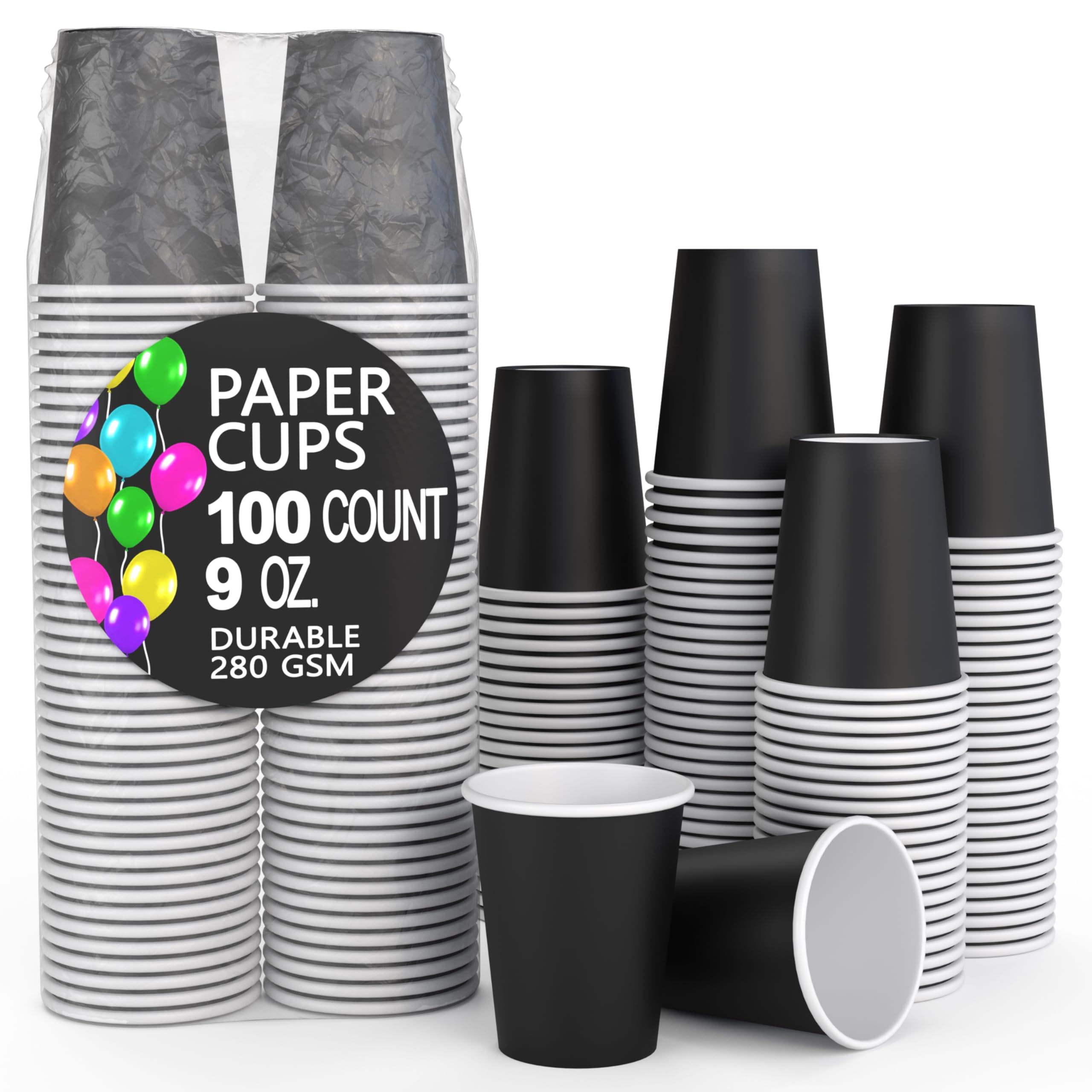 Exquisite Black Paper Cups 9 oz Durable Disposable Cups 100 Paper Tumblers for Hot Drinks and Cold Drinks Thick 280 GSM Hot Cup for Tea & Coffee Cup To Go Fun Colors for Parties & Events