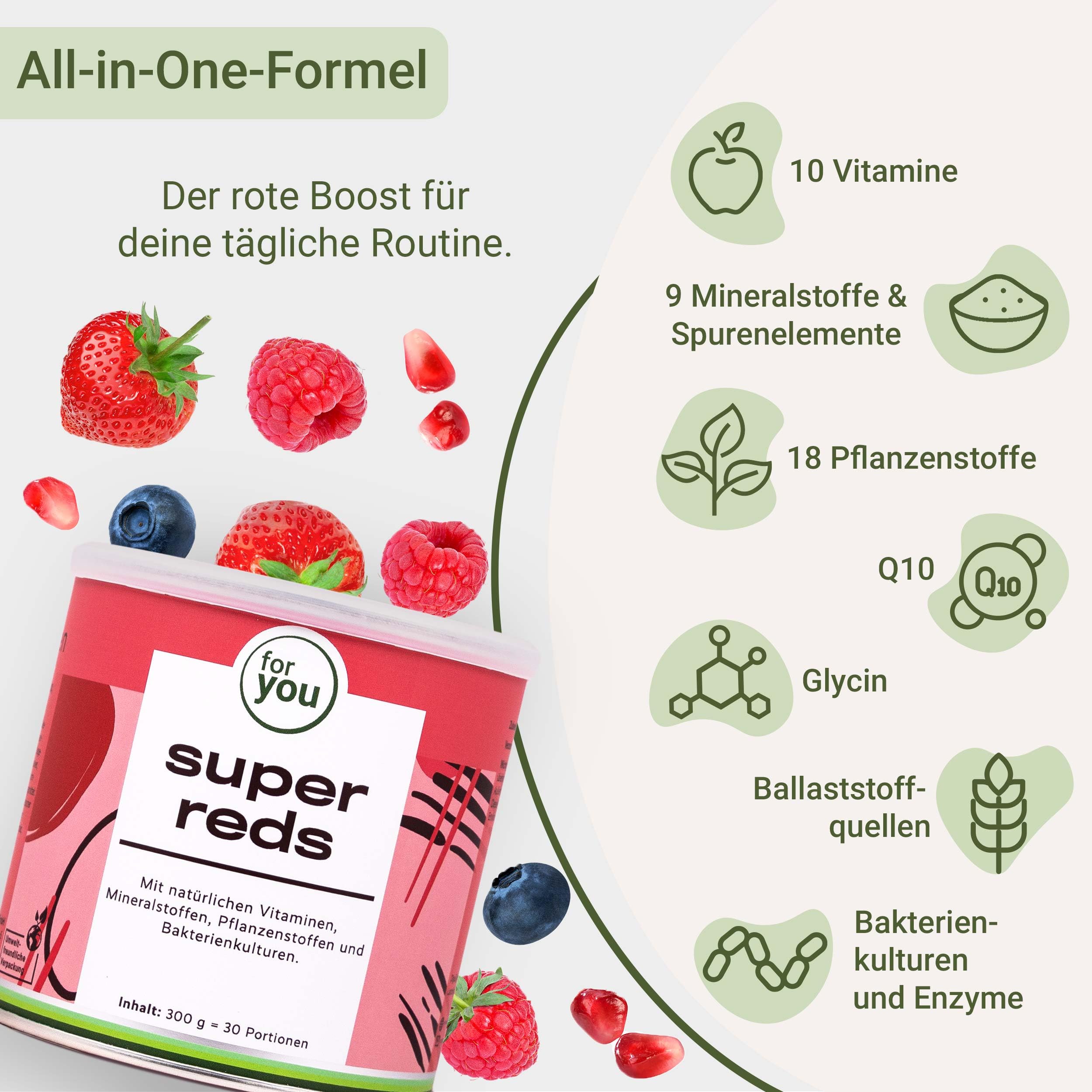 for you super reds - Der rote All-in-one-Drink für Deine ganzheitliche Gesundheit - mit natürlichen Vitaminen und Mineralstoffen, Q10, Pflanzenstoffen und Bakterienkulturen - 300g Pulver