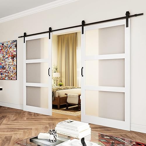 Miniatura 3 de Puerta corredera de granero doble, 84 pulgadas (doble 42 x 84 pulgadas, puerta de granero de vidrio esmerilado, superficie de PVC impermeable, kit