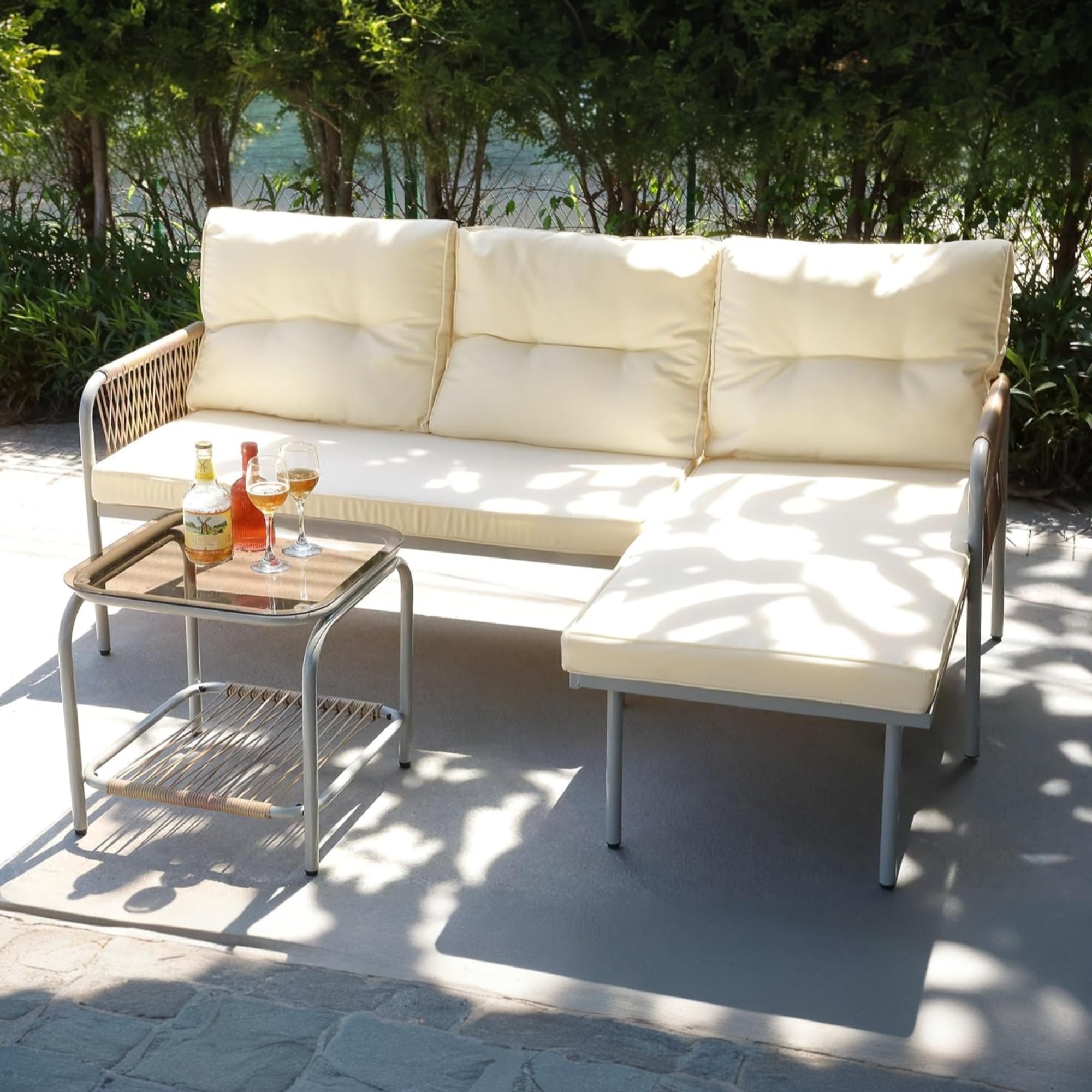 YITAHOME Patio Furniture Set, 3 Pieces Outdoor Wicker Conversation Set, All-Weather Rattan Sectional L-Shaped Sofa Detachable Lounger with Cushions and Coffee Table for Backyard, Porch, Boho - Beige