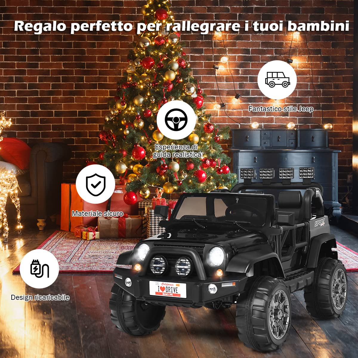 COSTWAY Auto Macchina Elettrica per Bambini 12V, Veicolo Elettrico a Batteria a 2 Posti, con Telecomando 2,4 G, Porta USB e AUX, per Bambini 3+ Anni (Nero)