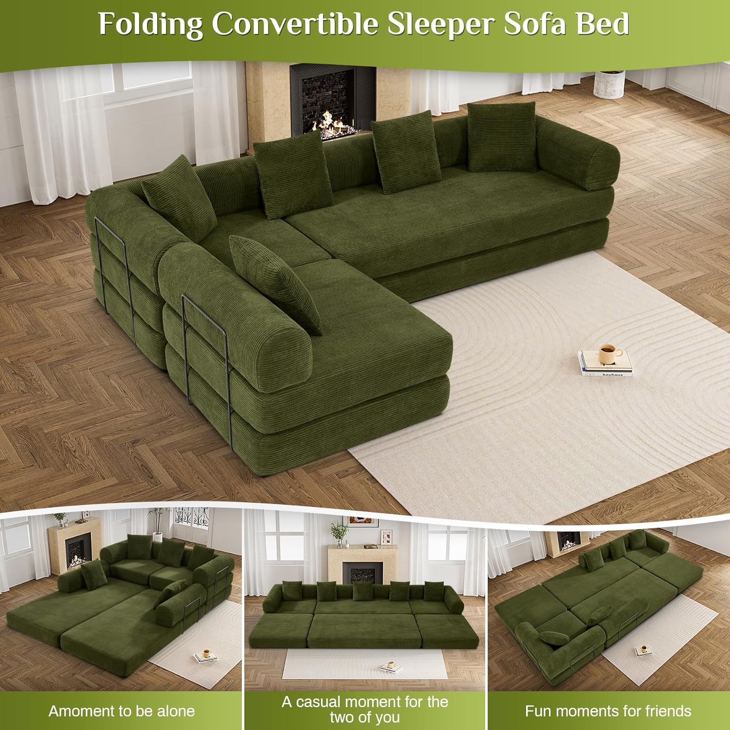 Convertible Sleeper Sofa Bed Set with Pillow, 4-in-1 Corduroy Folding Mattress Couch with Fixed-Shape Frame, Fold Out Floor Sofa Cama Lounge Couch for Living Room Bedroom Studio, Olive Green 158.5 Sage Green