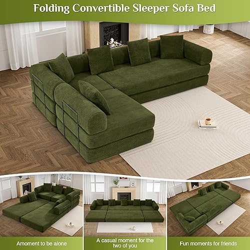 Miniatura 6 de Juego de sofá cama convertible con almohada, colchón plegable de pana 4 en 1, sofá sin hueso con marco de forma fija, sofá cama plegable para sala