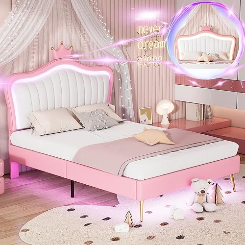 Linique Base de cama tapizada tamaño Queen con luces LED, moderna cama de princesa tapizada con cabecera corona, blanco y rosa