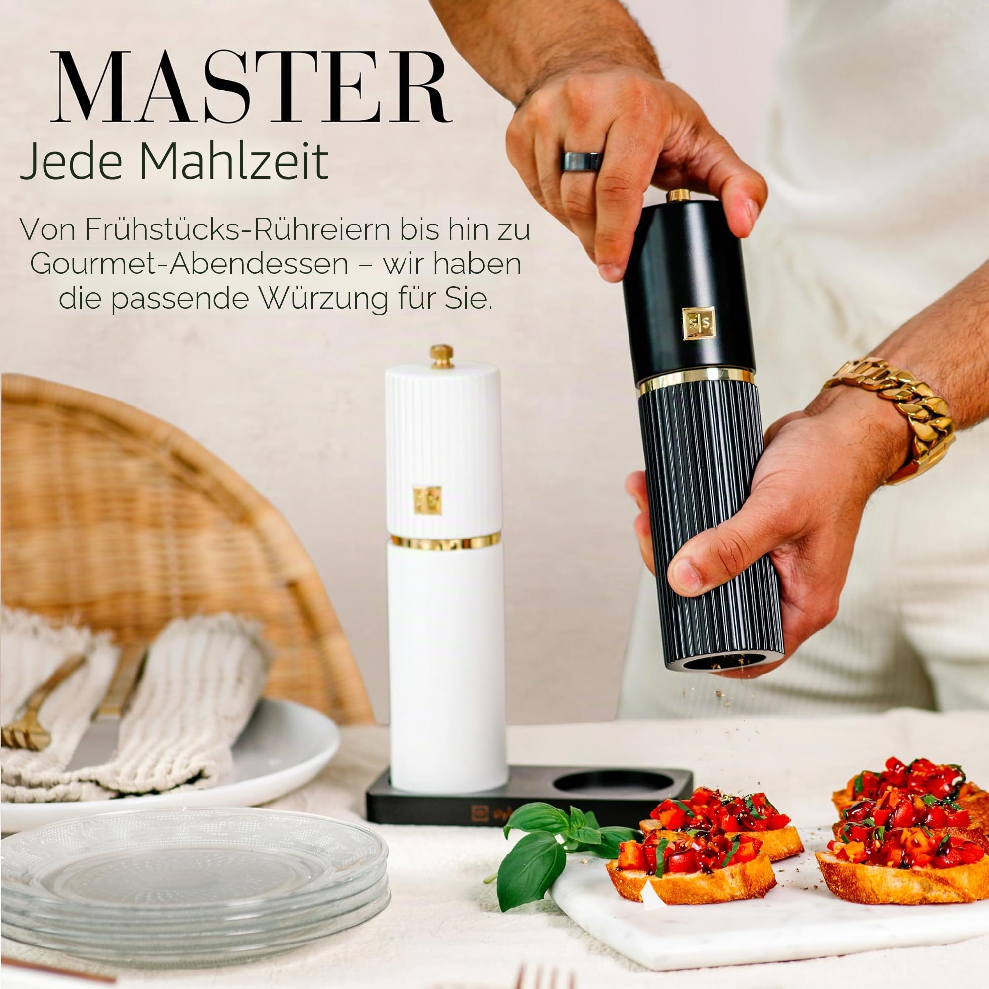Styled Settings Salz- und Pfeffermühlen-Set Weiß-Schwarz-Gold – 2-teiliges manuelles Holz-Set mit verstellbarem Keramikmahlwerk & Holzständer – Geschenkidee