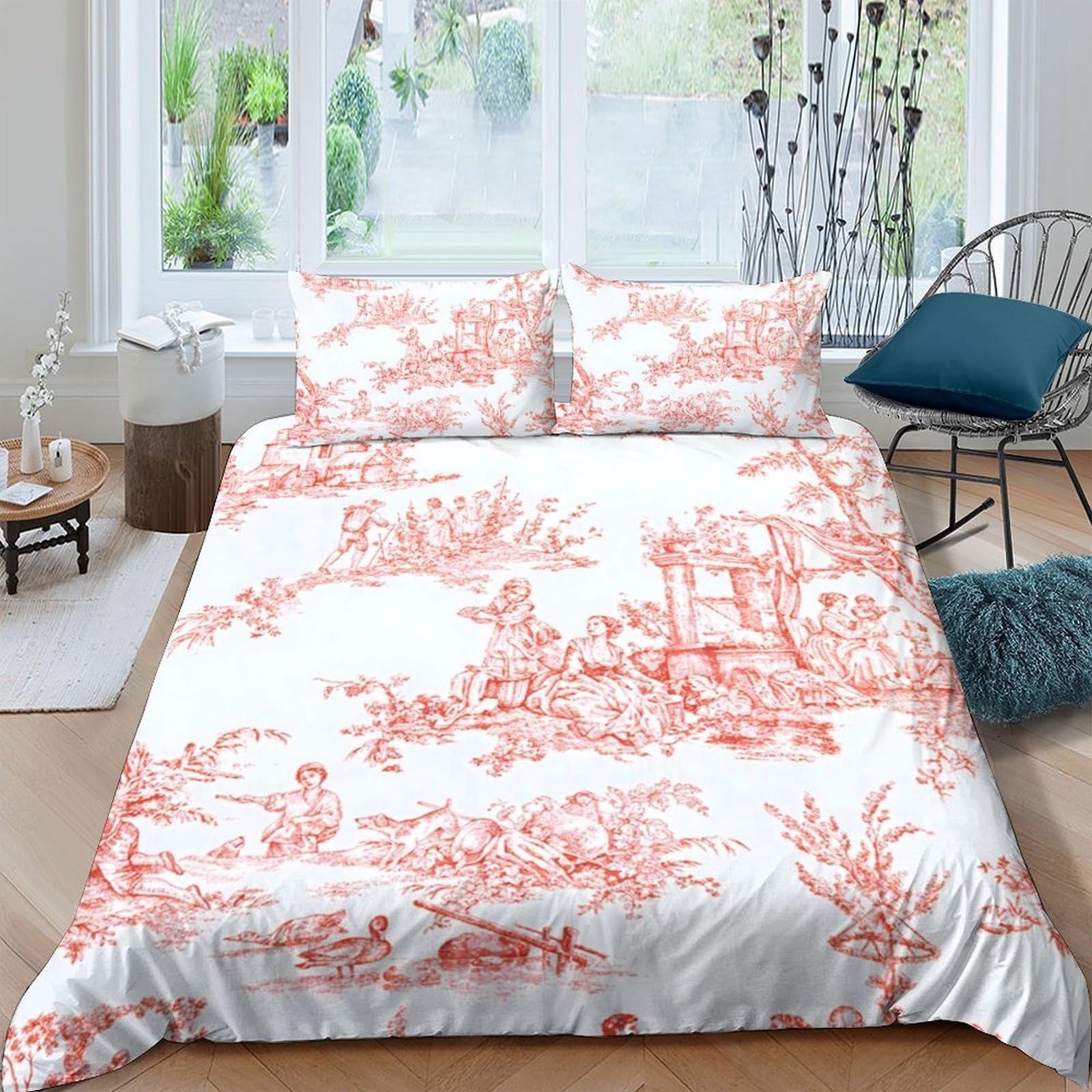 Ctjqhvkz Style-9 3D Printed Pastoral Red Toile Fitted Sheet Microfiber Soft Breathable Rustic Scene Mattress Cover Bedroom Decor Single（135X200cm）