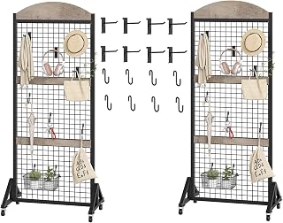 2 Packs Grid Wall Panel 5.7' x 2' FT Grid Display Rack with Wheels, Movable Gridwall Display Stand with 8 S-Shaped Hooks and 8 Garment Hooks, Floorstanding Wire Grid Rack, Greige and Black TCJ17P2BG