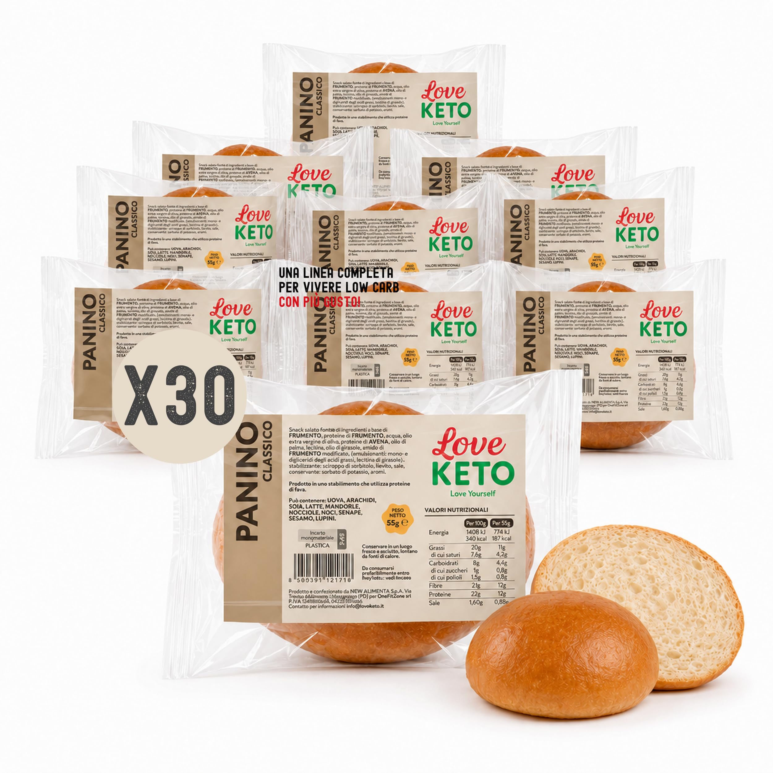 Pane keto proteico Low Carb, 30 Panini Keto da 55 g - Made in Italy