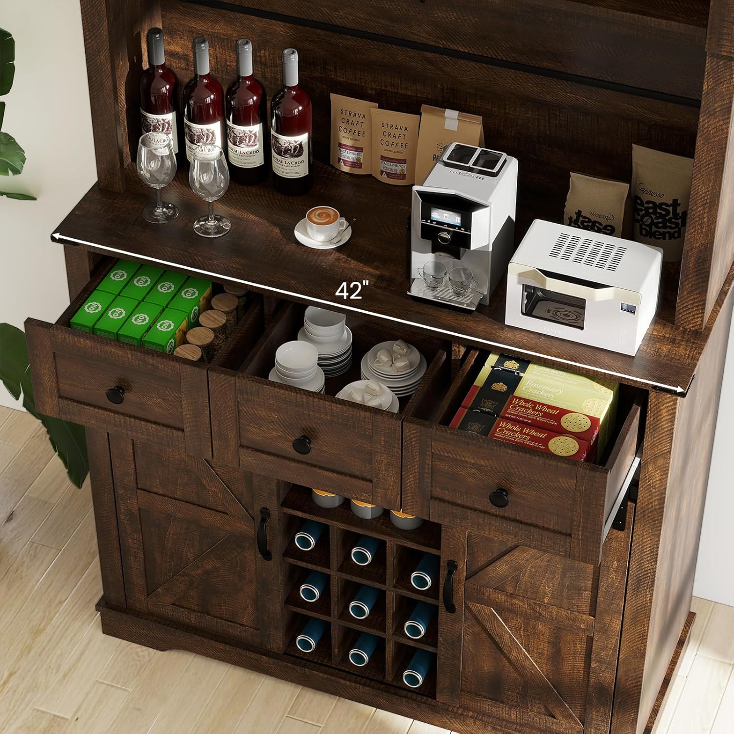 Giantex 72" Farmhouse Coffee Bar Cabinet w/Glass Doors & Wine Racks, Tall Pantry Cabinet w/ 3 Drawers & 2 Sliding Barn Doors, Hutch Cabinet Buffet Sideboard Cupboard for Kitchen, Dining Room, Brown