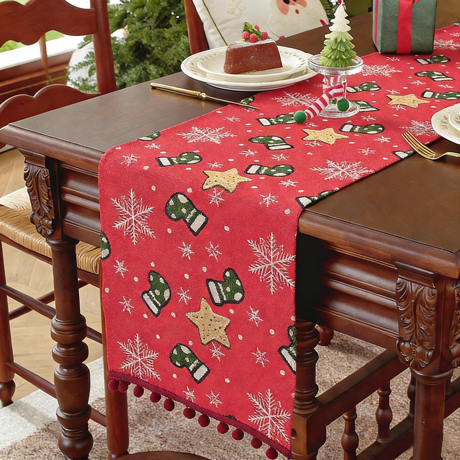 Chemin de Table Champetre 35x300cm, Chemin de Table Mariage Motif À Thème de Noël avec Pompons