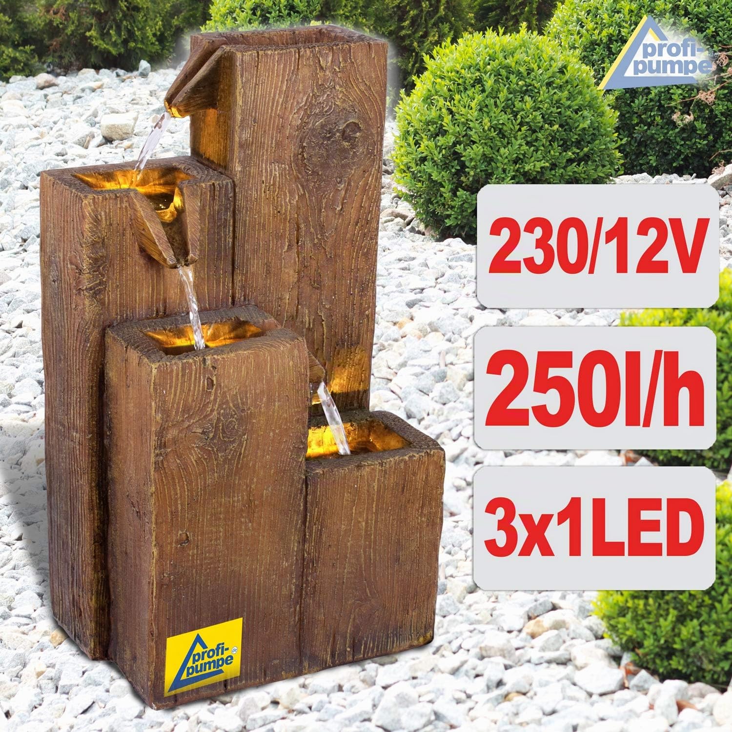 Fuente Decorativa de Jardín Con Luz LED - Cascada de Agua de 230 V para Interior, Estanque, Terraza (Holz-HÄUSCHEN)