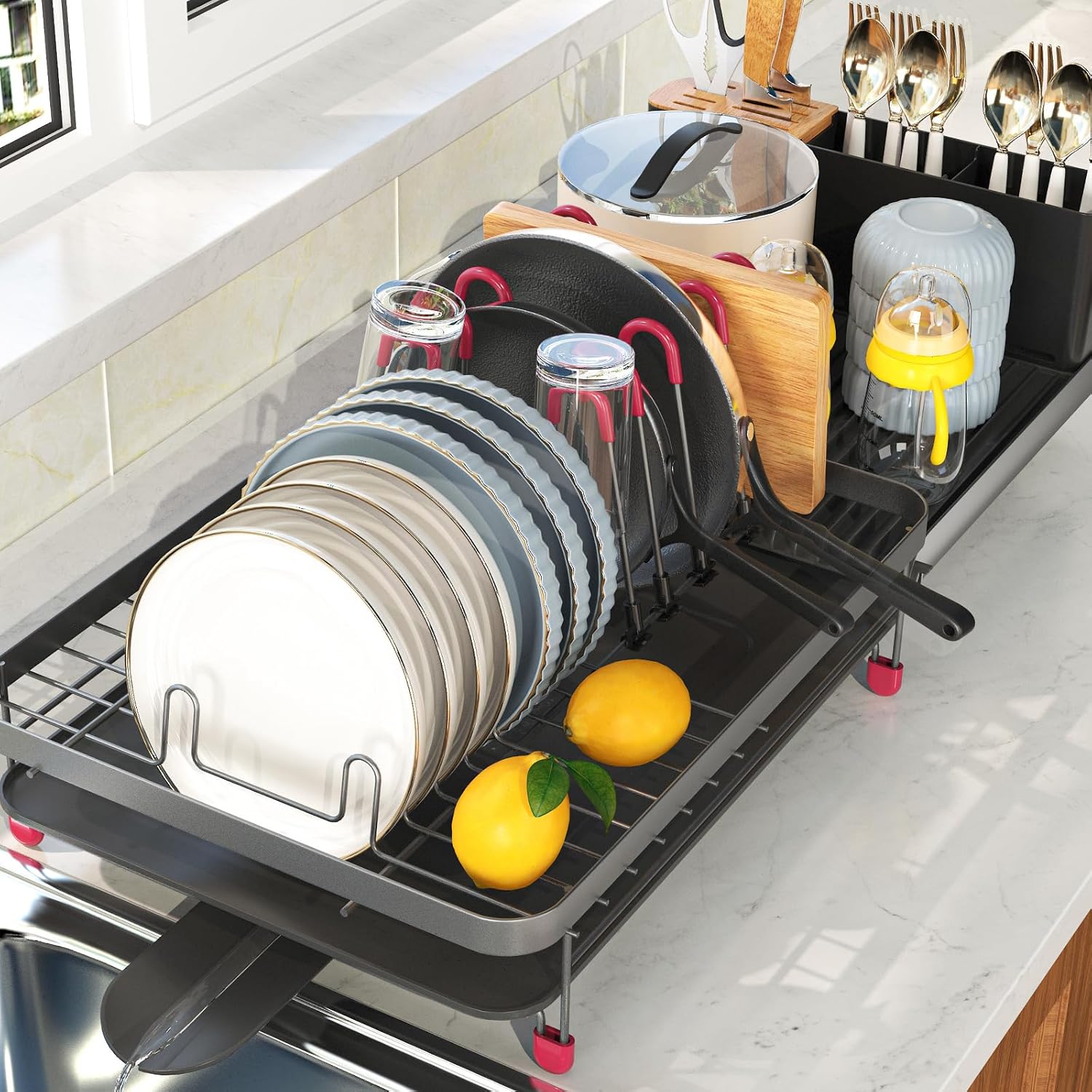 TOOLF Expandable Dish Drying Rack, Large Capacity Dish Drainer with