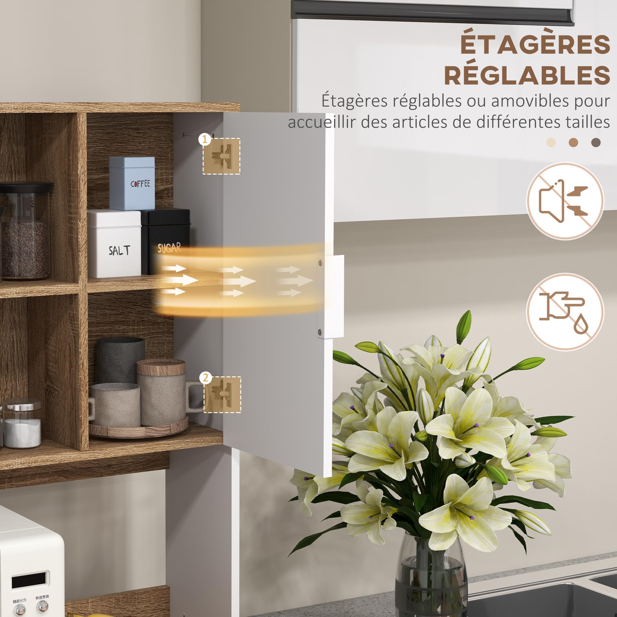 HOMCOM Armoire de Cuisine 4 Portes 1 Tiroir 80 x 40 x 180 cm Noir Naturel | Buffet de Cuisine, Meuble de Rangement, 2 Placards, Passe-Câbles, Design Industriel