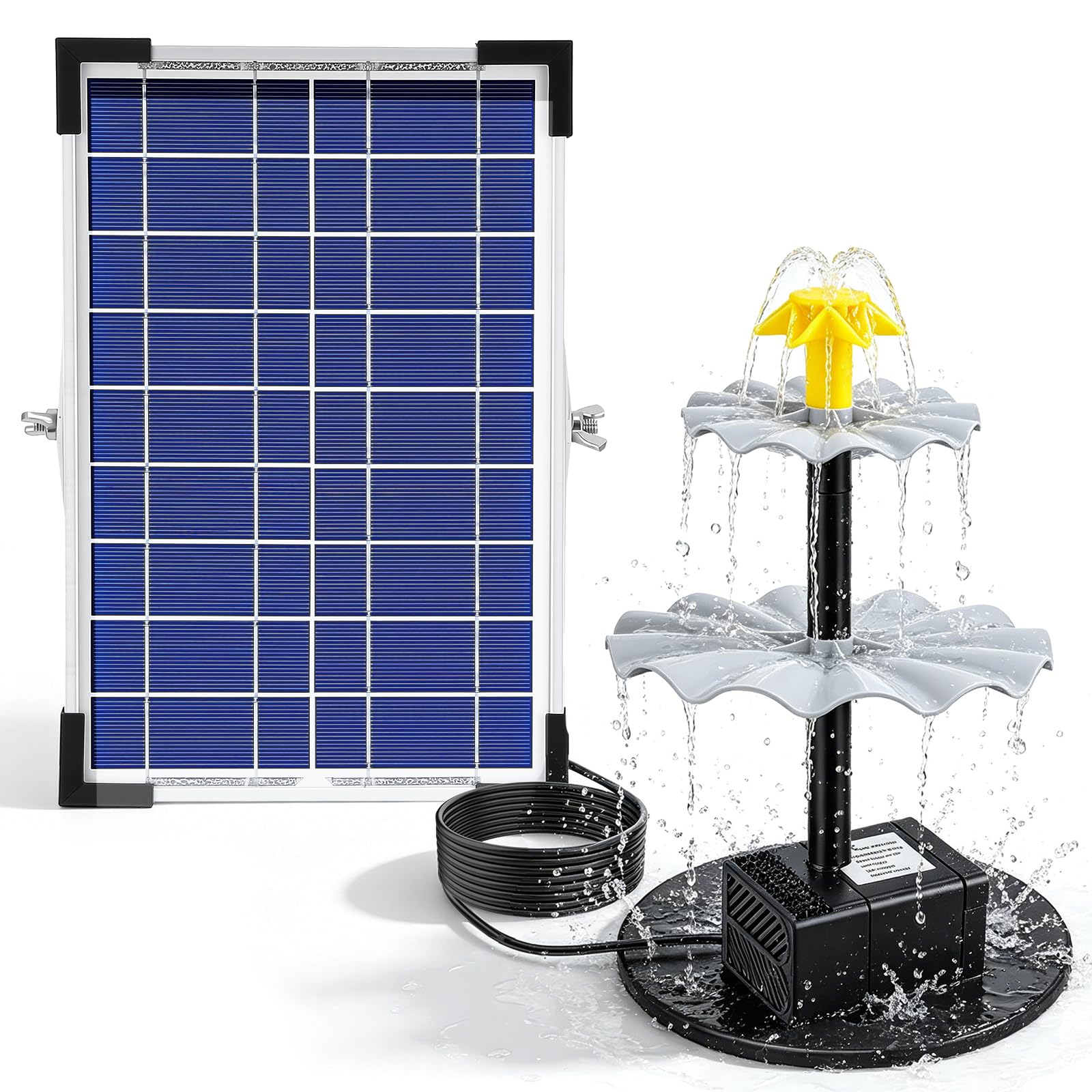 Fontana Solare, con Batteria 1500mAh e 9 Ugelli, Pompa Solare per Fontana 250L/h Altezza Getto 90cm, Pannello 10W, Kit Solare per Laghetto da Giardino, Piscina, Acquario, Bagno Uccelli, Uccelliere