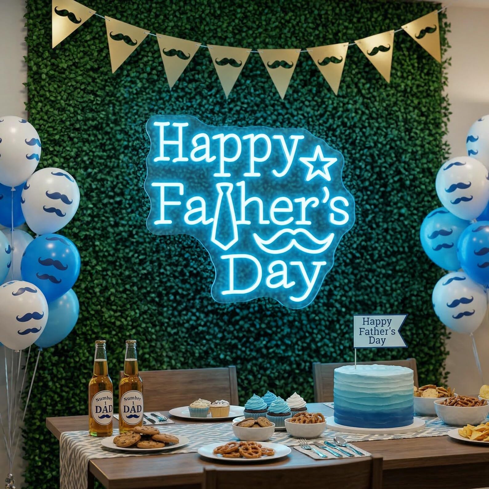 Insegna al neon con scritta "Happy Father's Day", luce al neon a LED blu ghiaccio con cravatta e baffi, alimentata tramite USB, decorazione da parete per festa del papà, camera da letto