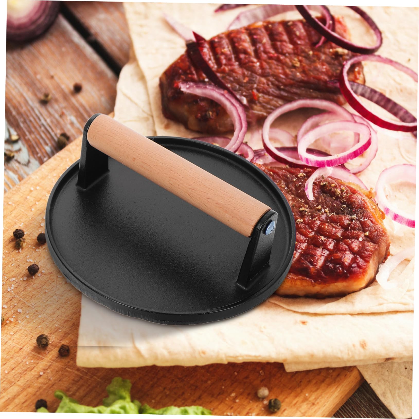 MAGICLULU de Prensa de Hamburguesas de Hierro Fundido 2 Piezas con Mango de Madera, Diseño sin Recubrimiento Prensa Rectangular y Redonda para Cocina y Multitarea