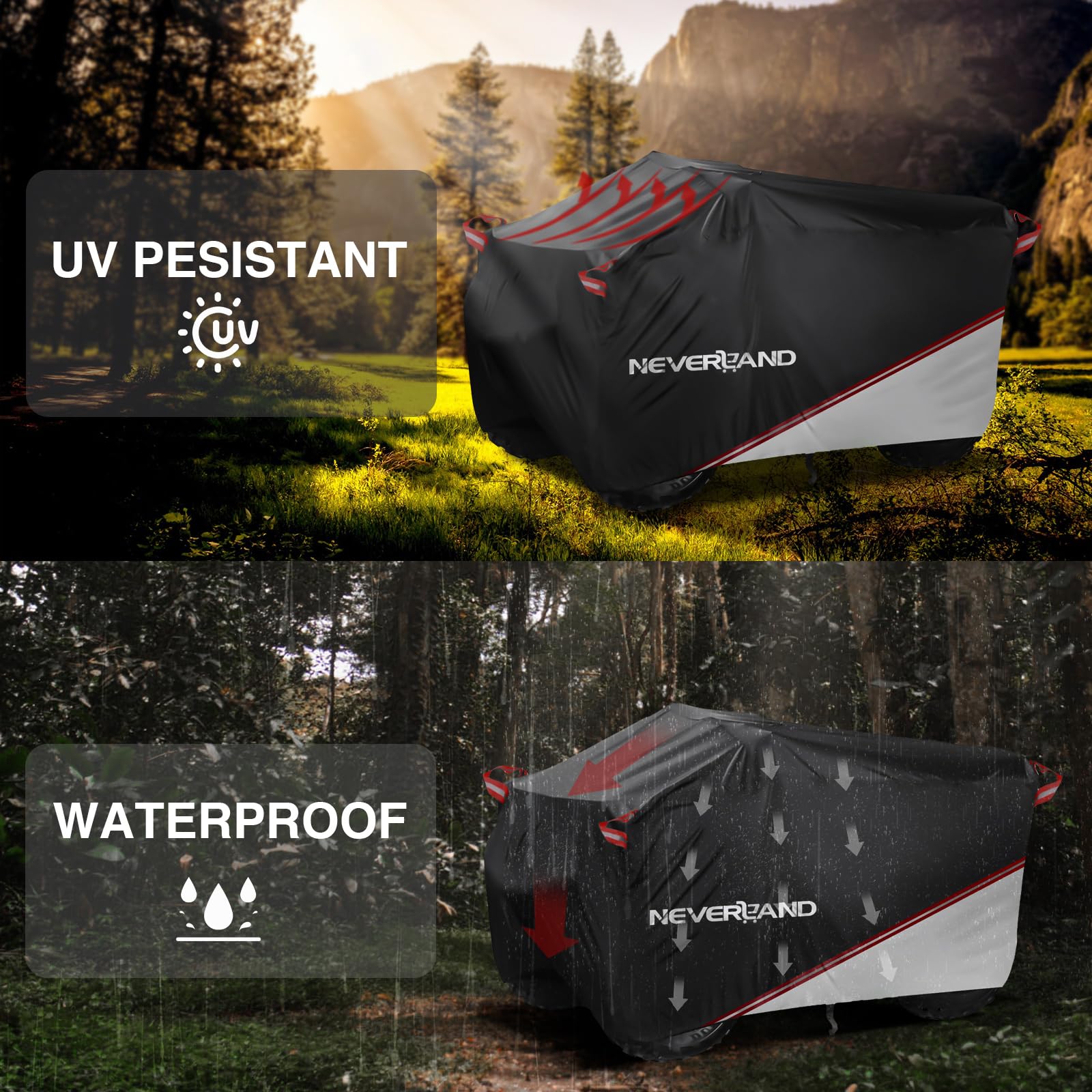 Neverland Quad Abdeckplane ATV Abdeckung,Wasserdicht Innen und Außen Verwendbar Abdeckung für Quad Cover Schnalle Schneesicher Staubdicht Quadplane Schwarze und Silberne Spleiße 256 * 110 * 120cm