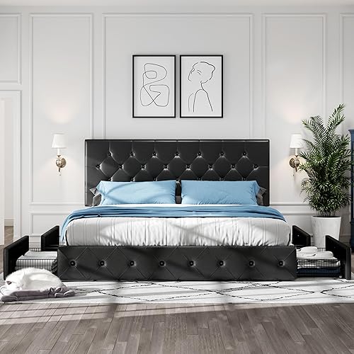 Miniatura 21 de HOOMIC Base de cama de almacenamiento de plataforma de tamaño matrimonial con 4 cajones y cabecera ajustable, listones de madera, no necesita Negro,