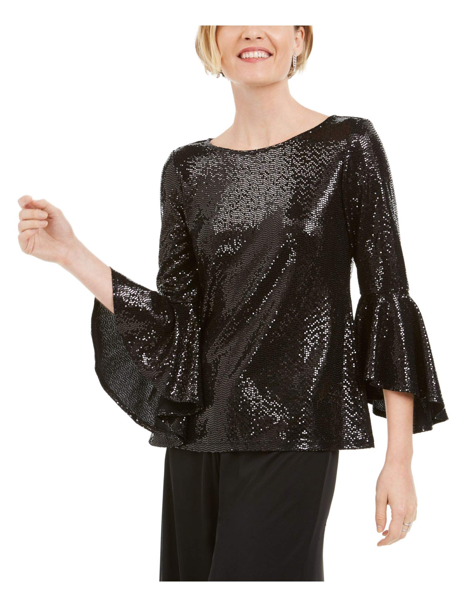 MSKWomens Black Sequined Bell Sleeve Jewel Neck Party Top Size PS