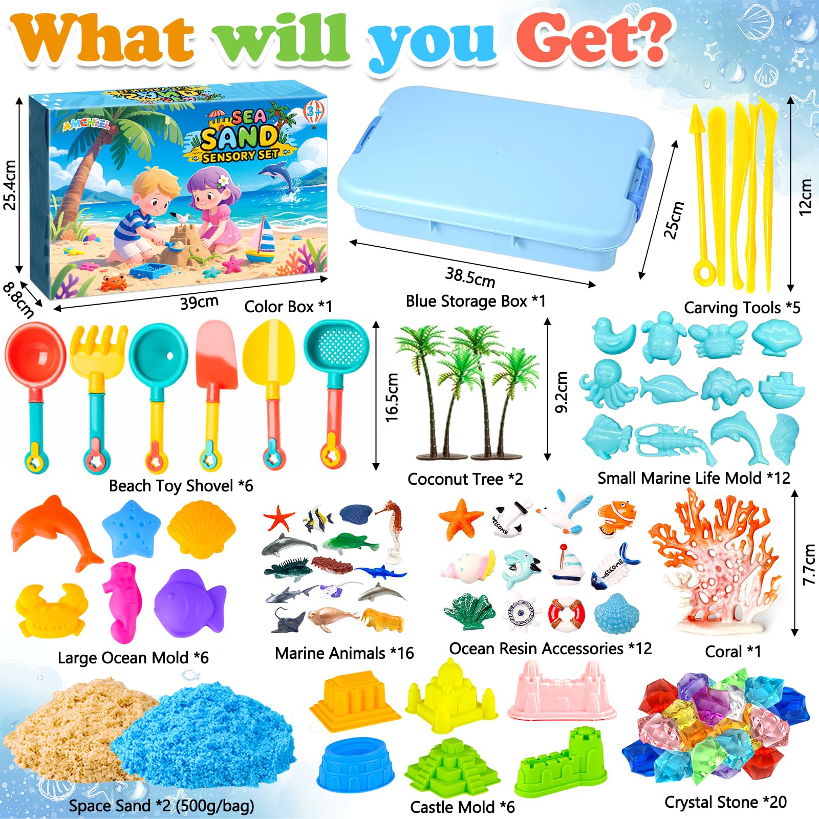 AMCHLEL Sable Magique, Jouets Sensoriels Enfant, Magic Sand avec Moule à Sable et Des Jouets Océaniques, Bac a Sable avec Couvercle, Sable Magique Enfant pour 3+Ans Garçon Fille