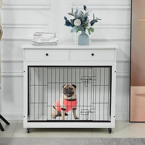 Miniatura 6 de Okak - Jaula para perros, estilo mueble, mesa auxiliar con cajones, jaula de madera para perros con puertas de tubo de acero, perrera interior para