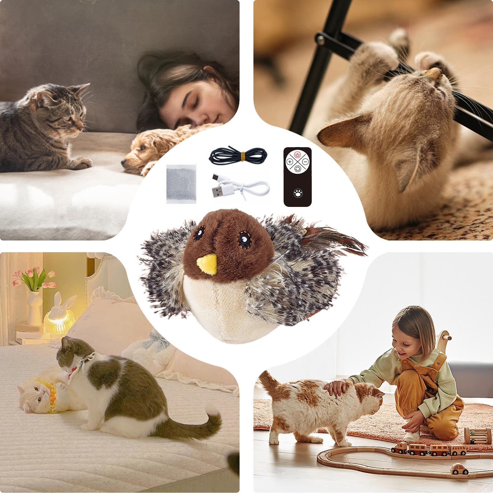 Giocattolo Uccello Svolazzante Per Gatti – Ricaricabile USB, Con Cinguettio Realistico E Telecomando, Peluche Interattivo Per Felini
