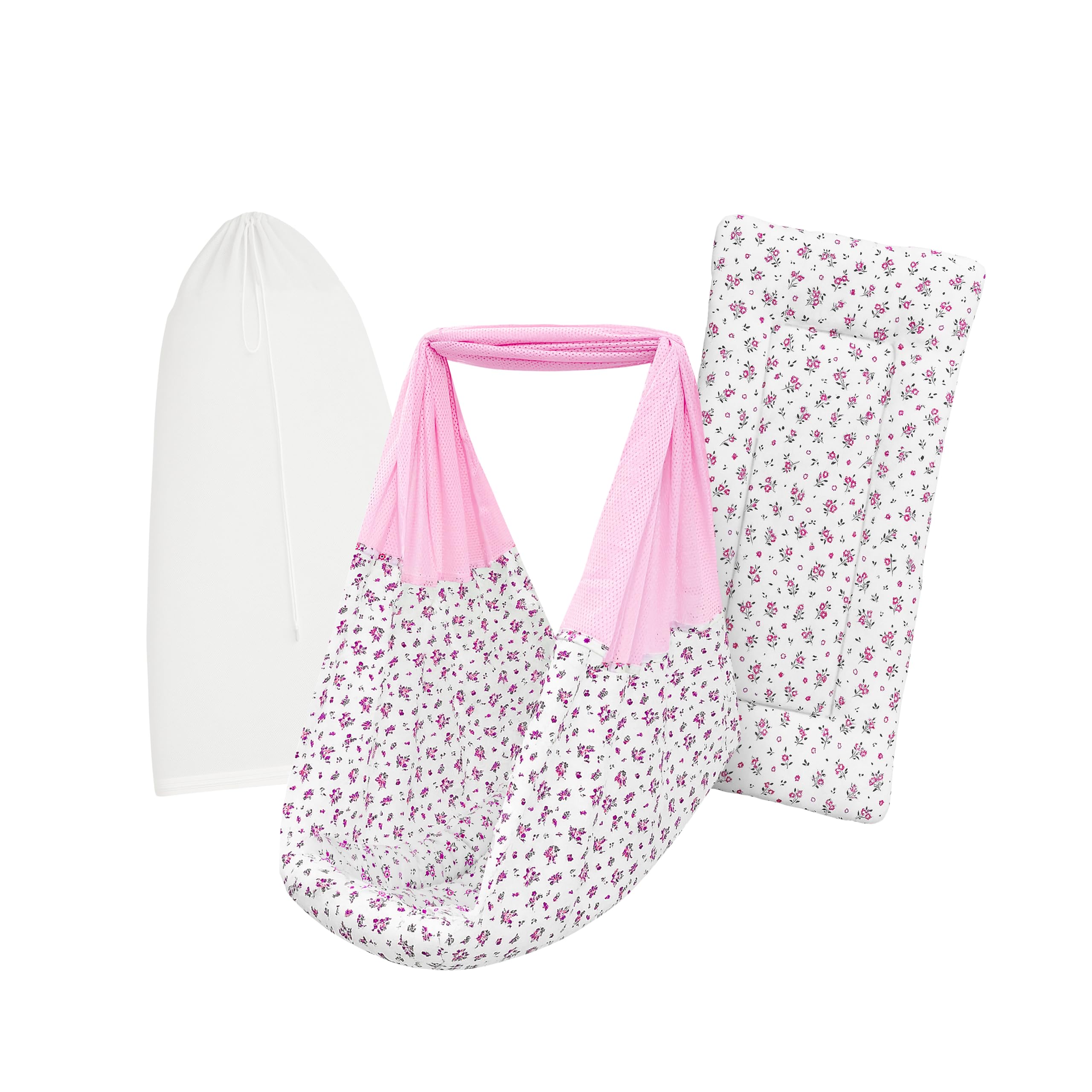 New Born Baby Swing Cradle (Jhula) | Bismark Cradle with Mosquito Net | Weight Capacity up to 20kg | Age from 0-12 Months | Cradle Set (Emily Pink)