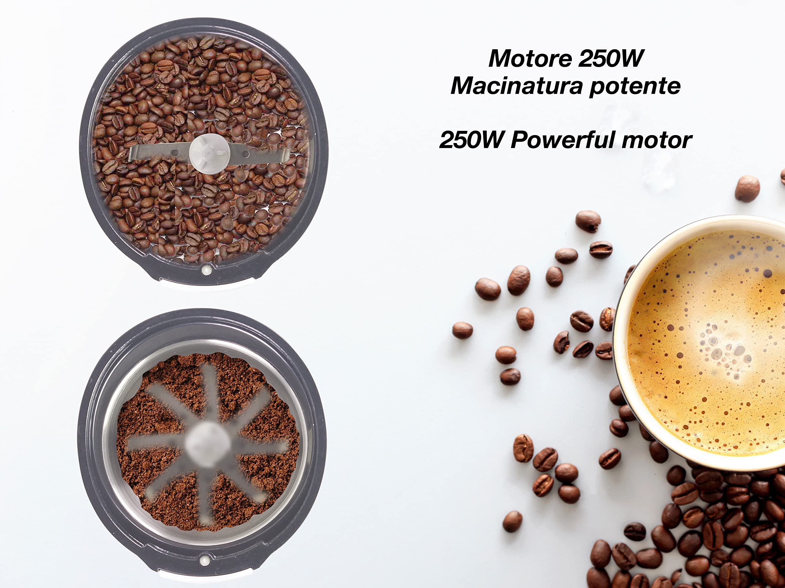 BEPER BP.581 Macina Caffe' Elettrico e Macina Spezie - Macinacaffè per Macinatura Istantanea di Chicchi di Caffè, Frutta e Semi