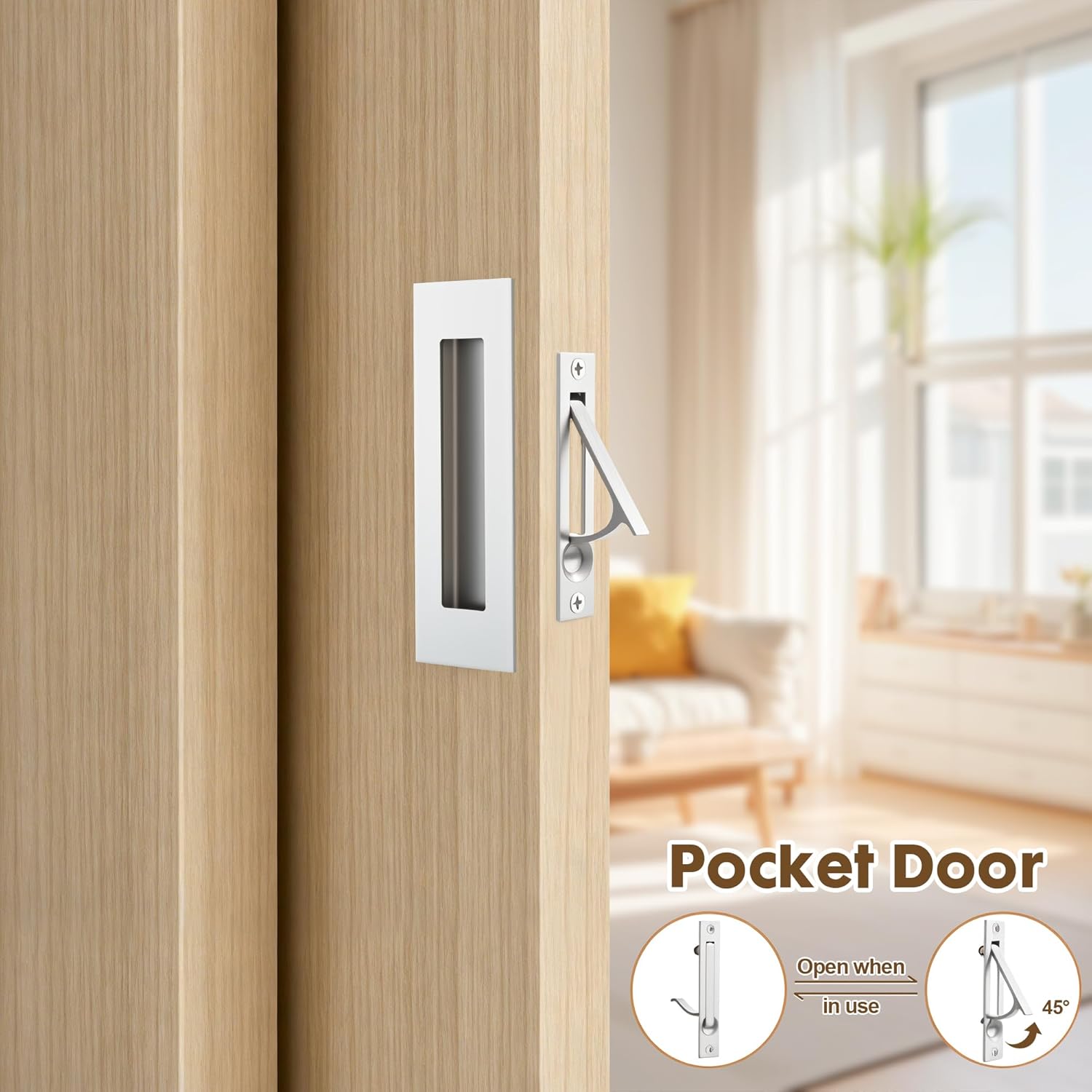 MaxxGeek Pocket Door Hardware Set – 2 Recessed Flush Finger Pulls & 1 Edge Pull, Made of 304 Stainless Steel, Template Included, Brushed Nickel