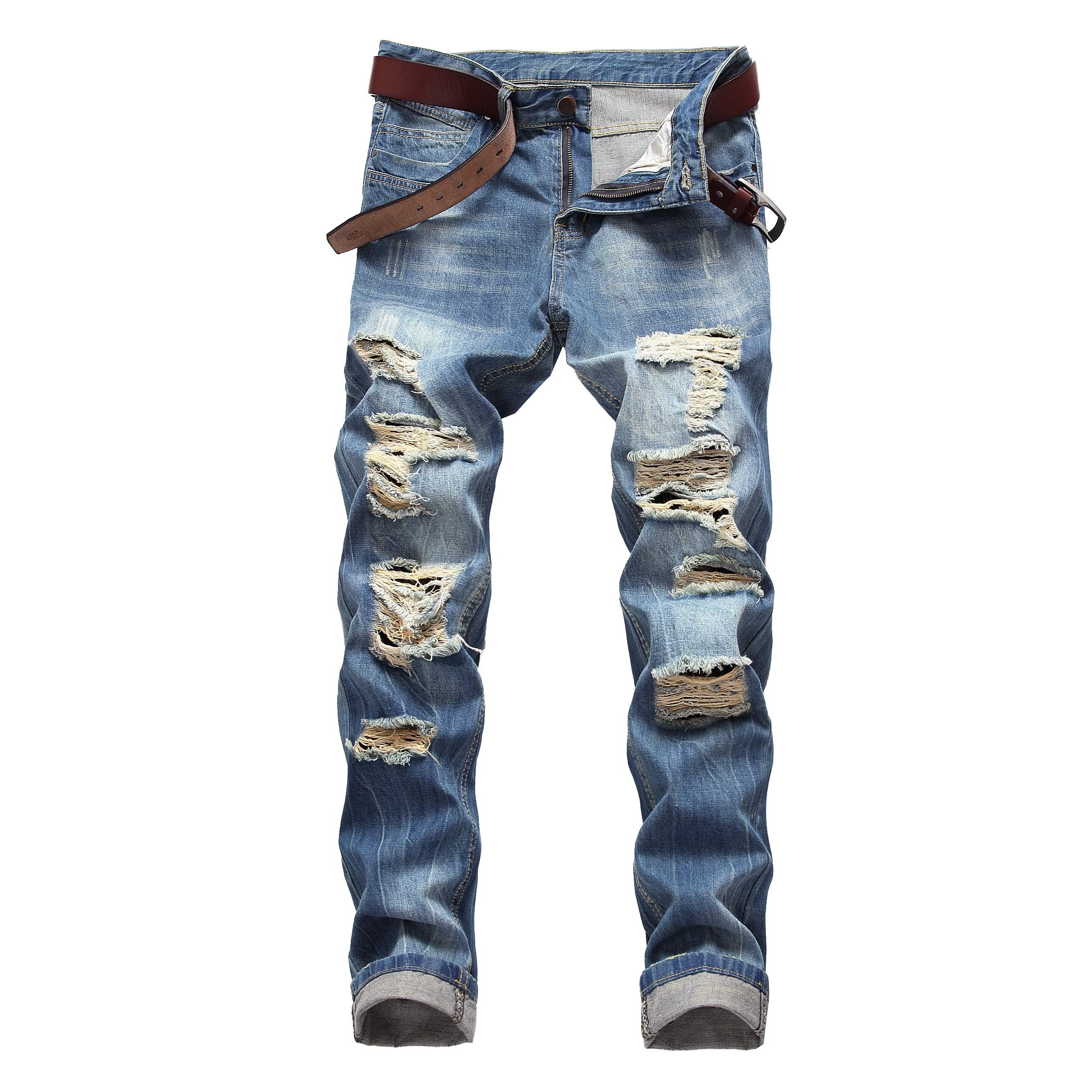 Men's Stretch Jeans Slim Fit Straight Leg Ripped Distressed Fashion Jeans
