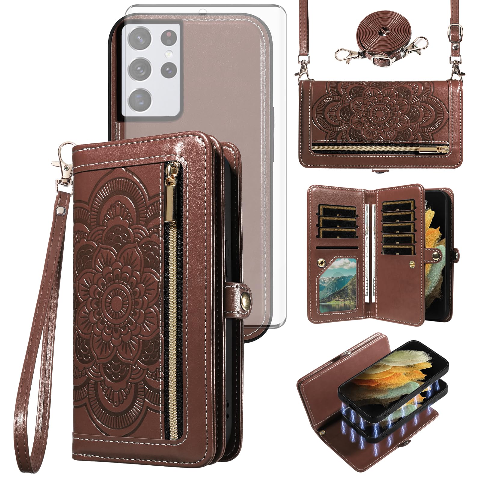 Asuwish Coque de téléphone pour Samsung Galaxy S21 Ultra 5G - Portefeuille à fermeture éclair amovible avec protecteur d'écran en verre trempé - Dragonne - Porte-cartes à fleurs - S21ultra 21S S 21