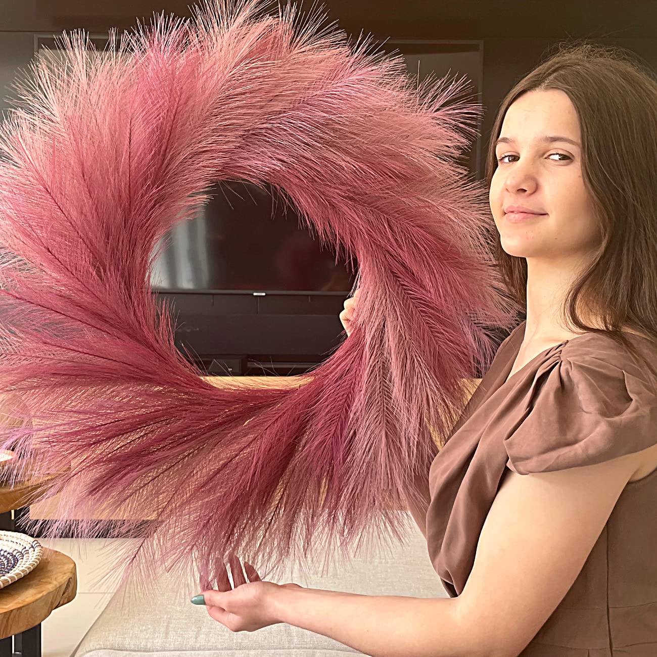 Photo 1 of L U N A M A HOME DÉCOR® Faux Pampas Grass Wreath for Boho Home Decor - 27'' Large Modern Fall Wreath - No Shedding, Long Lasting Unique Farmhouse Decor - Made from Lightweight Silk (Burgundy)