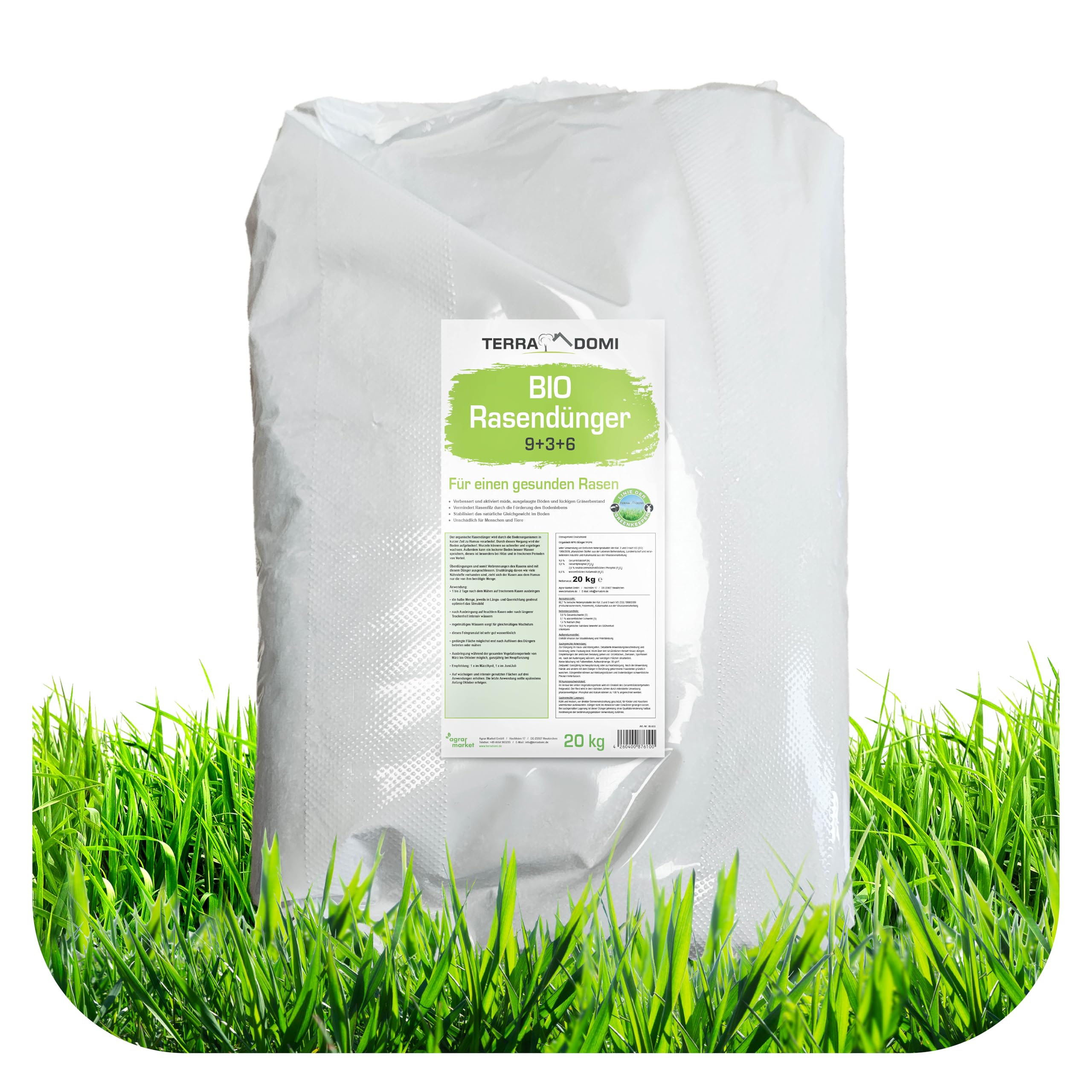 TerraDomi Bio Rasendünger Frühjahr & Sommer 20kg für 400m² | Für sattgrünen, dichten Rasen mit bis zu 6 Monaten Langzeitkraft | NPK Dünger 9+3+6