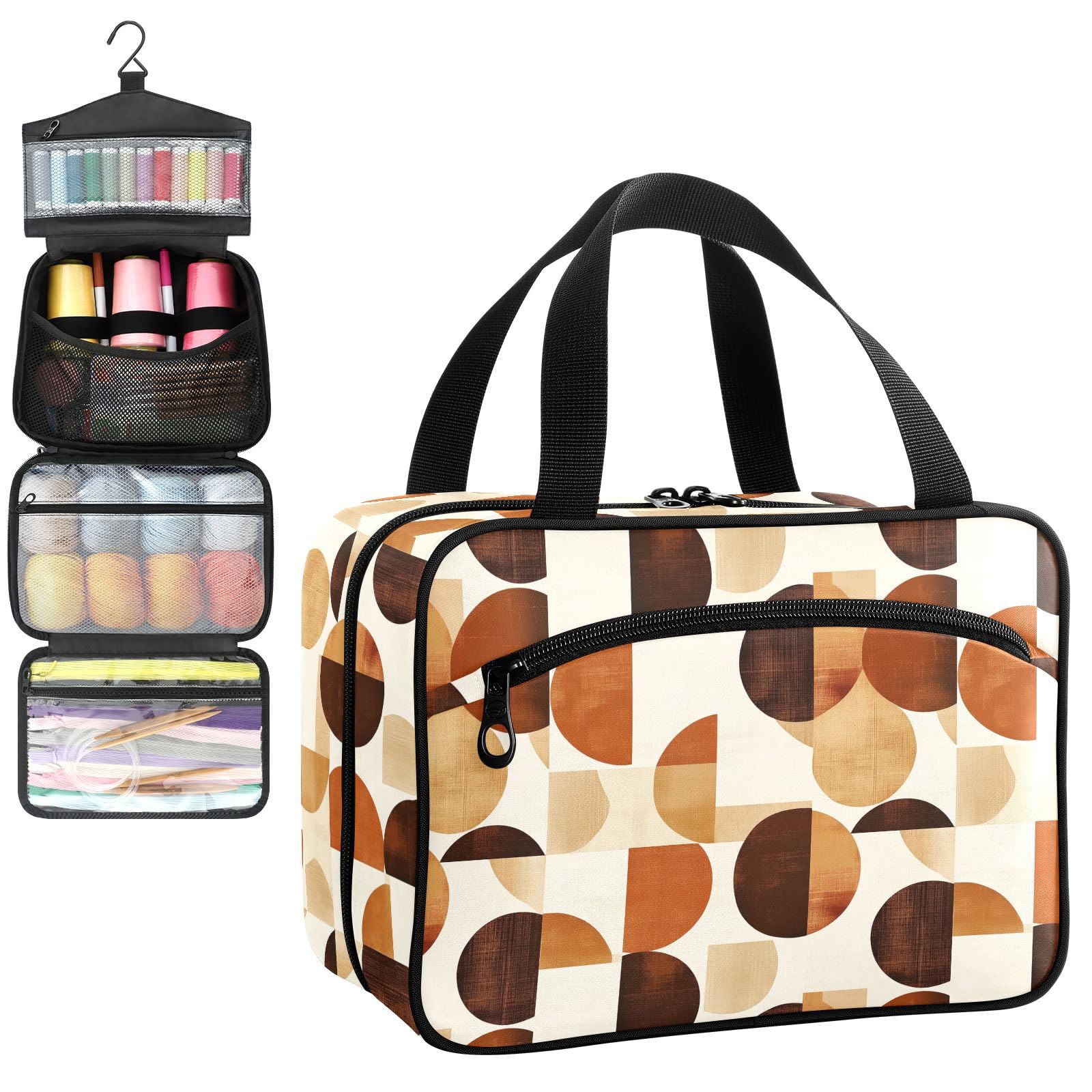 YNNALE Sewing Supply Organizer Bag, Rust Brown Modern Geometry Art Pattern Portable Sewing Bags with Pockets&Hanger, Sewing Storage Box Case for Sew Supplies/Kit/Tools/Accessories (BAG ONLY)