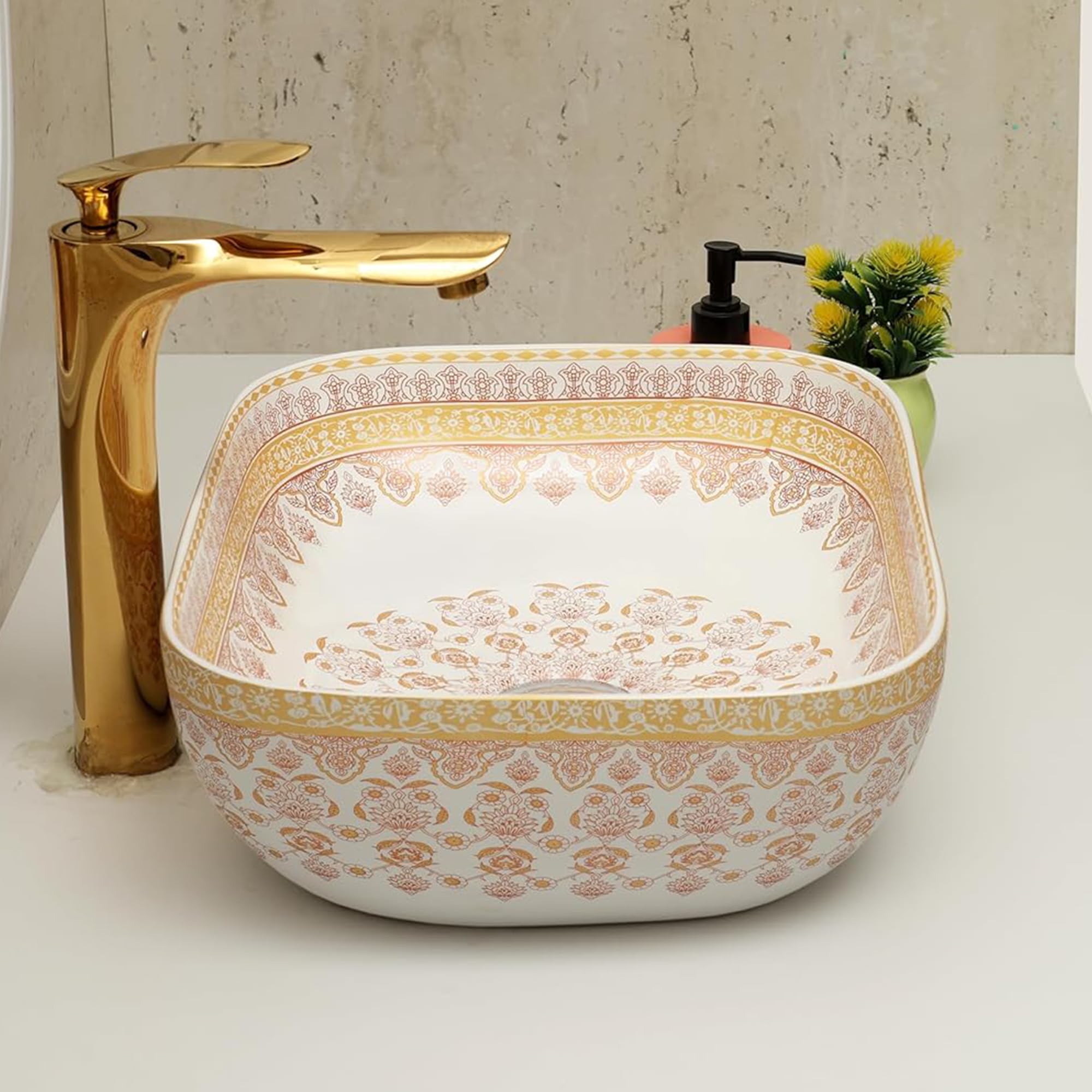 Archstone Wash Basin for Bathroom-1 Year Warranty - Tabletop Washbasin - Ceramic Glossy Rectangle Designer Moroccan Countertop Vessel Sink, Dining Hall & Vanity 33x45x14.5 cm (Orange Moroccan) 2